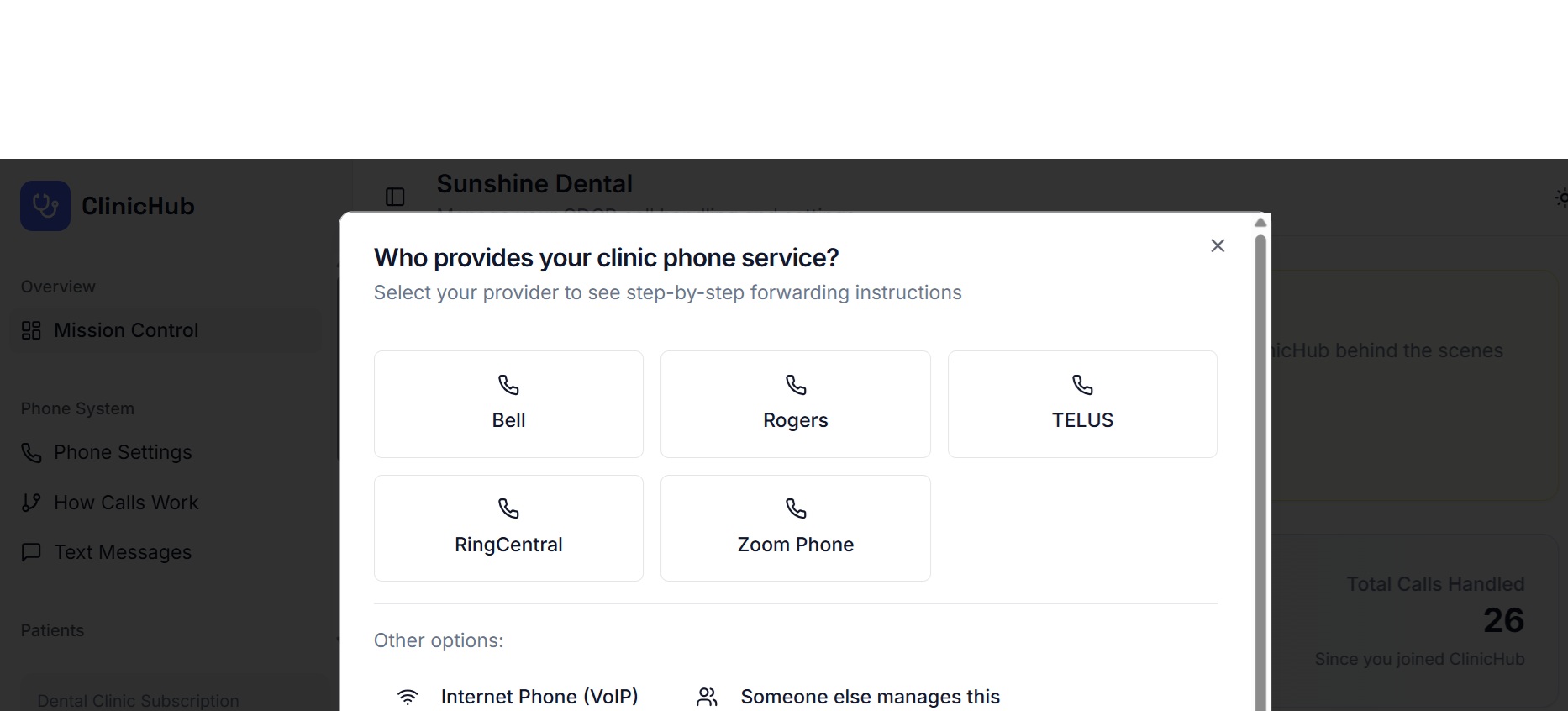 Call Forwarding Help Wizard showing provider selection options including Bell, Rogers, TELUS, RingCentral, and Zoom Phone