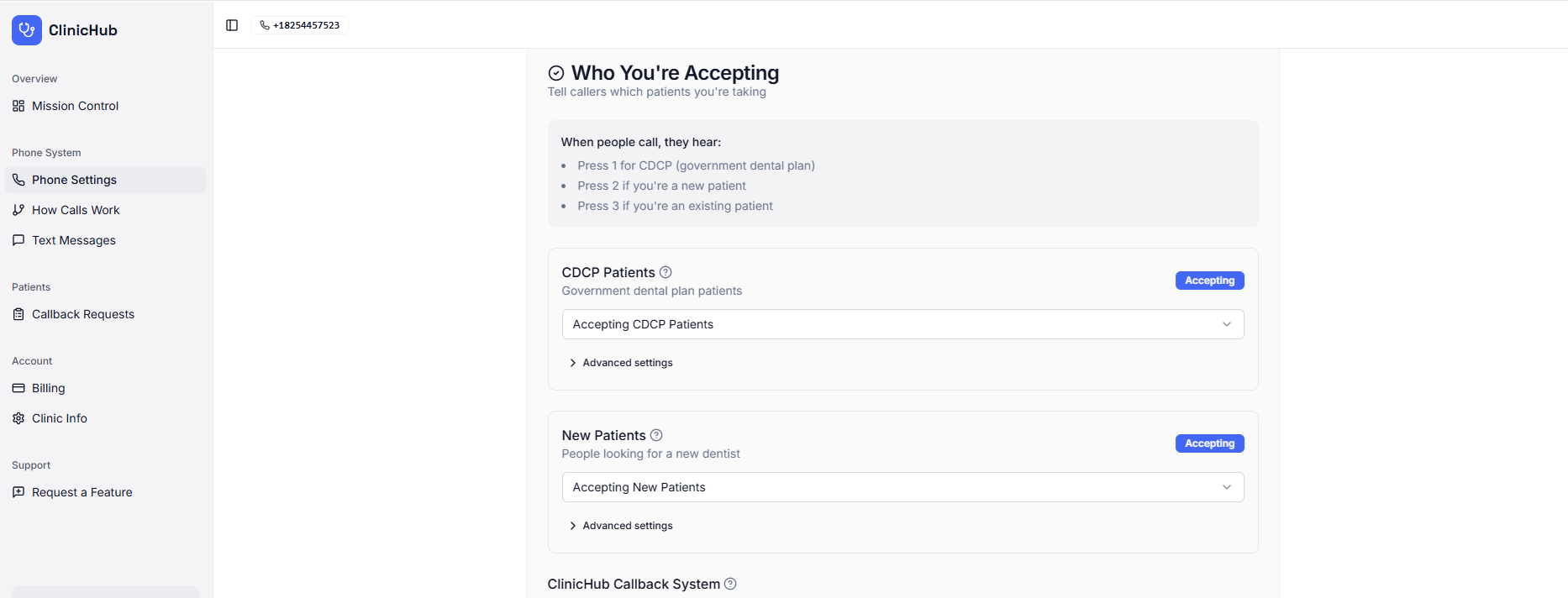 ClinicHub intake management dashboard showing CDCP, new patient, and existing patient availability settings with callback waitlist