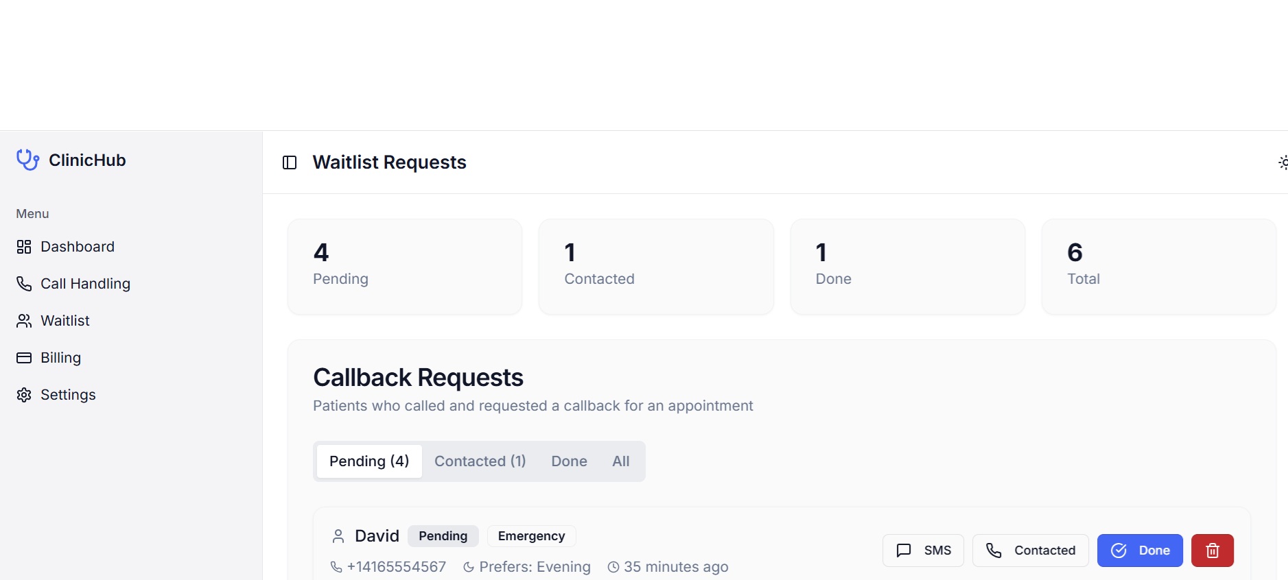 ClinicHub callback waitlist dashboard showing pending, contacted, and completed callback requests from patients