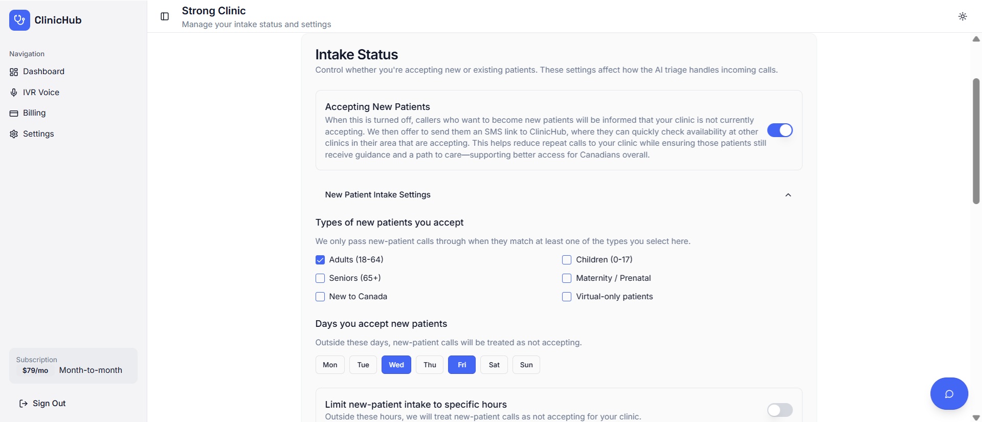ClinicHub Intake Status Dashboard - Toggle accepting new patients on or off