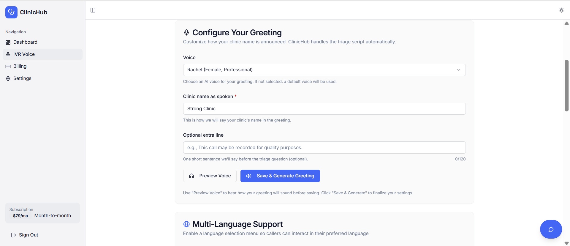 ClinicHub IVR Voice Configuration Dashboard - Choose voice, enter clinic name, preview and save greeting